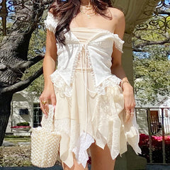 Lizakosht  Y2k Fairy Core Nude Mesh Tube Irregular Hem Mini Dresses for Women Party Wear Summer Sexy Lace Strapless Cocktail Dress