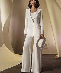 Lizakosht New Satin Long Sleeves Mother Of the Bride Dresses Pant Suits with jacket 3 Pieces Custom Made Women White Formal Outfits