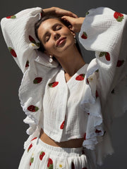 Lizakosht Home Suit Women Pajamas Cotton Linen Top Skirt Set Summer Strawberry Pattern Ruffle Long Sleeve Button Blouse Mini Skirt Outfits