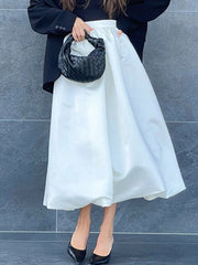 Lizakosht Satin Elegant Long Skirt Women Fashion Autumn Casual High Waist Solid A-line Tutu Midi Skirt High Street Office Lady