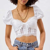 Lizakosht white lace blouse women bow tiend smocked back sexy women blouse summer new women top chic hot girl crop top