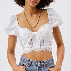 Lizakosht white lace blouse women bow tiend smocked back sexy women blouse summer new women top chic hot girl crop top
