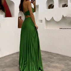 Lizakosht Women Maxi Dress Summer Solid Sling Suspender Sleeveless Pleated Backless Lace Up Beach Party Dresses High Streetwear