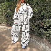 Lizakosht Autumn 2-Piece Set Women's Printed Casual Round Neck Sweater + Sports Wide Leg Pants Streetwear Basic Hoodie Set