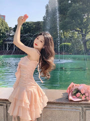 Cross Straps Dress Women Summer French Irregular Lace Part Dresses Elegant Ruffle Sexy Beachwear Ruched Slip Dress Femme Robe