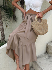 Lizakosht Elastic Waist Belt Irregular Khaki Spring Summer Women Skirt A-line Fashion Beach Maxi Faldas Mujer Casual New Bottom