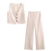Lizakosht Single Button Crop Vest Long Pants Women 2 Pcs Cotton Linen Summer Set Elastic Waist Wide Leg Beige Outfits Matching Set