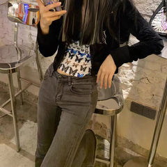 Feiernan Y2k Grey High Waist Jeans for Women Harajuku Flare Pants Classic Denim Full Length Trousers Punk Vintage Bell Bottoms