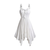 Lizakosht New Asymmetrical Hem Dress Lace Panel Empire Waist Lace Up Grommet Adjustable Strap Midi Dress