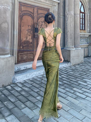 Elegant Women Green Satin Backless Mixi Dress Palace Short Sleeve Lace V-Neck Bandage Vintage Bodycon Dress Robe Summer Vestidos
