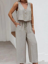 Lizakosht Women Solid V Neck Sleeveless Outfits Summer Casual Cotton Linen Button 2pc Fashion Vest Top And Drawstring Straight Pant Suits