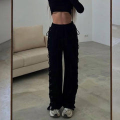 Lizakosht Women Summer Casual Baggy Pants Solid Color Drawstring Waist Side Hollow Bandage Wide Leg Pants y2k Harajuku Joggers