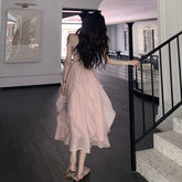 Elegant Strap Sleeveless High Waist Dresses For Women 2022 Summer Pink Sweet Fairy Dress Women Korean Fashion Party Dress
