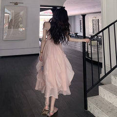 Elegant Strap Sleeveless High Waist Dresses For Women 2022 Summer Pink Sweet Fairy Dress Women Korean Fashion Party Dress