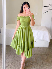 Ruffle Off The Shoulder Short Sleeve Women Dress Green Fold Sweet Ladies Dresses 2022 Summer A-line Midi Female Vestidos