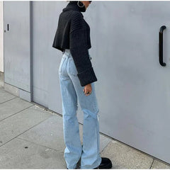 Lizakosht High Waist Baggy Straight Jeans Mom Streetwear Ripped Hole Distressed Denim Pants Vintage Women Casual Tassels Wide Leg Trousers