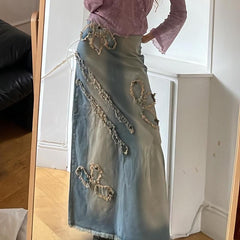 Lizakosht Embroidered Denim Long Skirt for Women High Street Vintage Low Waist Raw Hem Street Blue Patchwork Loose Jeans Maxi Skirts