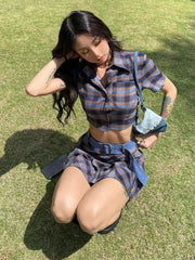 Lizakosht Summer Sexy Plaid Skirt Set Women High Waist Kawaii Two Piece Set Female Korean Fashion Streetwear Party Mini Skirt Set 2022