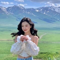 One Shoulder Long Bubble Sleeve Floral Shirt Spring Summer Top Women's Design Sense Niche Short Lining Aesthetic Clothes Kawaii