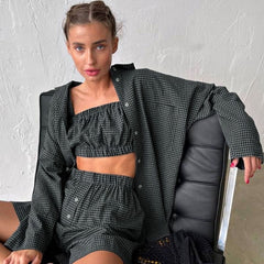 Lizakosht Summer Autumn Y2K INS Women 3 Piece Shorts Set Elegant Plaid Long Sleeve Shirt Strapless Top Shorts Vacation Outfits Tracksuit
