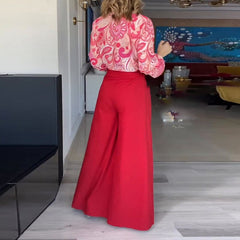 Lizakosht Spring Summer Commute Long Sleeve Blouse Outfits Fashion Print Tops Shirt And Belted Wide Leg Pants Suit Women Casual Loose Sets