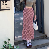 Lizakosht Women's Pink Plaid Mesh High Waist Ankle-length Skirt Spring Autumn New Chic Fashion Female Straight Barrel Thin Long Skirt