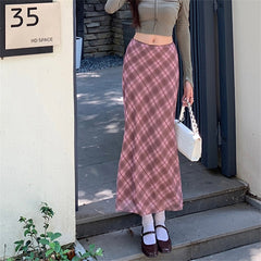 Lizakosht Women's Pink Plaid Mesh High Waist Ankle-length Skirt Spring Autumn New Chic Fashion Female Straight Barrel Thin Long Skirt