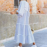 Fashion Hollow Out Lace-up Loose Dress Women Casual Striped Print Lantern Long Sleeve Dress New Autumn Elegant A-Line Long Dress
