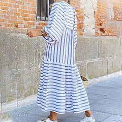 Fashion Hollow Out Lace-up Loose Dress Women Casual Striped Print Lantern Long Sleeve Dress New Autumn Elegant A-Line Long Dress