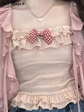 Summer Lolita Kawaii Tank Tops Women Korean Style Bowknot Patchwork Ruffle Flounce Top Female Elastic Skinny Sweet Top 2022 New