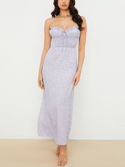 Sexy Floral Spaghetti Strap Dress Women Summer Purple Print Lace Up Elegant Slim Backless Fairycore Long Dress Party