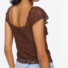 Lizakosht Sweetheart Floral Lace Sheer Crop Top Short Cap Sleeves Lettuce-edge Hem T-shirt French Style Chic Women Elegant Vintage Tees