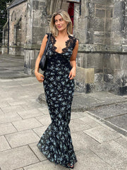 Sexy Deep V neck Lace-paneled Print Slim Backless Maxi Dress 2022 Summer Women Clothes Elegant Party Slip Dresses Vestidos A1799