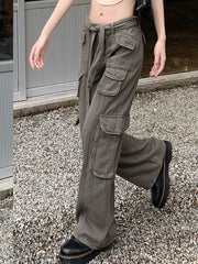Khaki Baggy Cargo Pants Women Vintage Loose Pants Packet Y2k Wide Leg Denim Trousers Fashion Streetwear Jeans Korean Summer 2022
