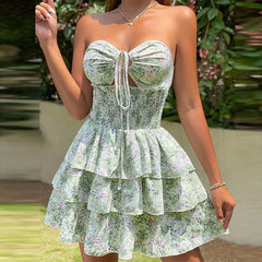 Lizakosht Elastic High Waist Layered Cake Dresses Fashion Backless Floral Print Party Dress Sexy Cross Halter Bag Hip Summer Dress