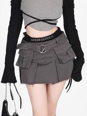 Lizakosht Denim Cargo Skirt Women Vintage High Waist Pocket Belt Pleated Mini Skirt Sexy Fake Two-piece Patchwork Streetwear Y2k