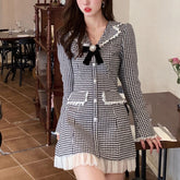 New Women Lace Patchwork Plaid Elegant Party Mini Dress Female Korean Fashion Sweet Lolita Dress Kawaii Retro Dress