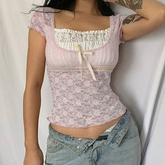 Lizakosht Women's T-Shirt Sweet Girly Pink Lace Splicing Pullover Short Top French Square Neck Tie Slim Fit