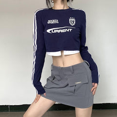 Autumn 2022 Women's New Fake Two Piece Stitched Round Neck Long Sleeve Letter Print Stripe Navel Revealing T-shirt female
