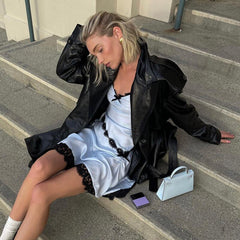 Lizakosht Elegant Lady Lace Trim V Neck Mini Dress Chic Women Birthday Club Party Night A-line Dress Vintage Y2K French Romance Streetwear