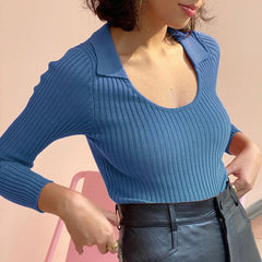 Lapel Long-sleeved Knitted Top Casual Fall/winter New Fashion Women's Solid Color Lapel Slim Short Bottoming Shirt Women