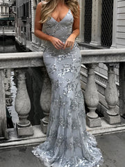 Nightclub Women'S Wear Sequin Dresses Sexy V-neck Suspender Backless Lace Dress Summer Evening Grey Dress