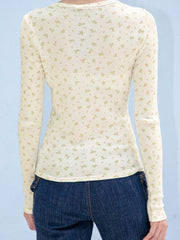 Lizakosht Sweet Floral Print Waffle T-shirts Women Vintage Cute Round Neck Slim Long Sleeve T Shirt Women Casual Harajuku Y2k Crop Top