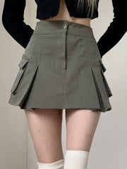 HOUZHOU Vintage Pocket Denim Cargo Skirt Women Korean Preppy Style High Waist Solid A-line Casual Pleated Mini Skirt Y2K E Girl
