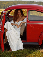 Summer Women'S Dress One Word Neck Slanted Shoulder Long Sleeve Fishbone Solid Color Dress Casual Pastoral White Backless Dress