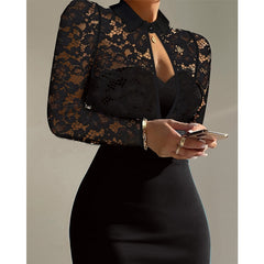 Lizakosht Women Fashion Contrast Lace Long Sleeve Cutout Bodycon Dress Black Elegant Bodycon Midi Skinny Dresses