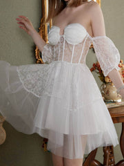 Lizakosht New Women'S V-Neck Strapless Sexy Lace Mini Princess Dress Lady White Bridesmaid Formal Prom Evening Party Dresses Vestido