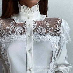 Lizakosht Elegant Lace Shirt Top for Women Sexy Y2K INS Clothes Long Lantern Sleeve Stand Collar Single Breasted Ruffle T-shirt