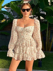 Lizakosht Lolita Women's Mini Dresses Flower Printing Square Neck Robes for Women Sweet SLady Long Sleeve Ruffles Ladies Veastidos