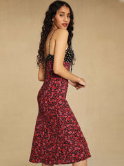 Spaghetti Strap Midi Dress Summer Ladies Rose Floral Print Tie Belt Sleeveless Long Dresses Female Elegant Vintage Robes Holiday